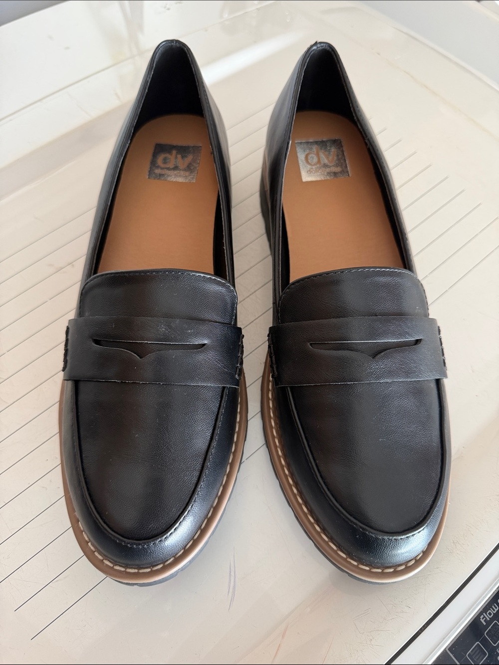 DV by Dolce Vita Black Man-Made Leather Penny Loafers with Tan Trim